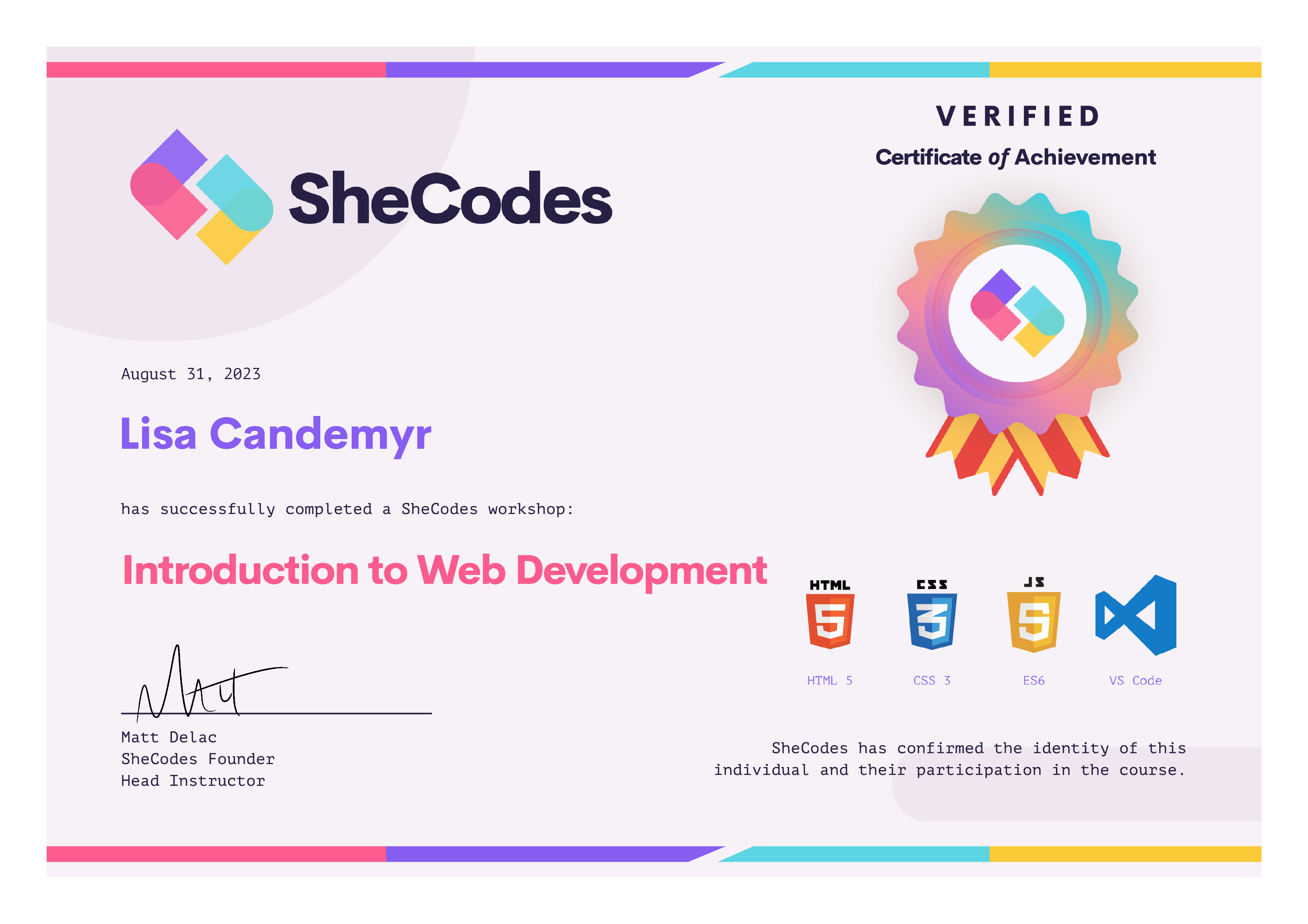 Certificate for SheCodes Basics Add-On