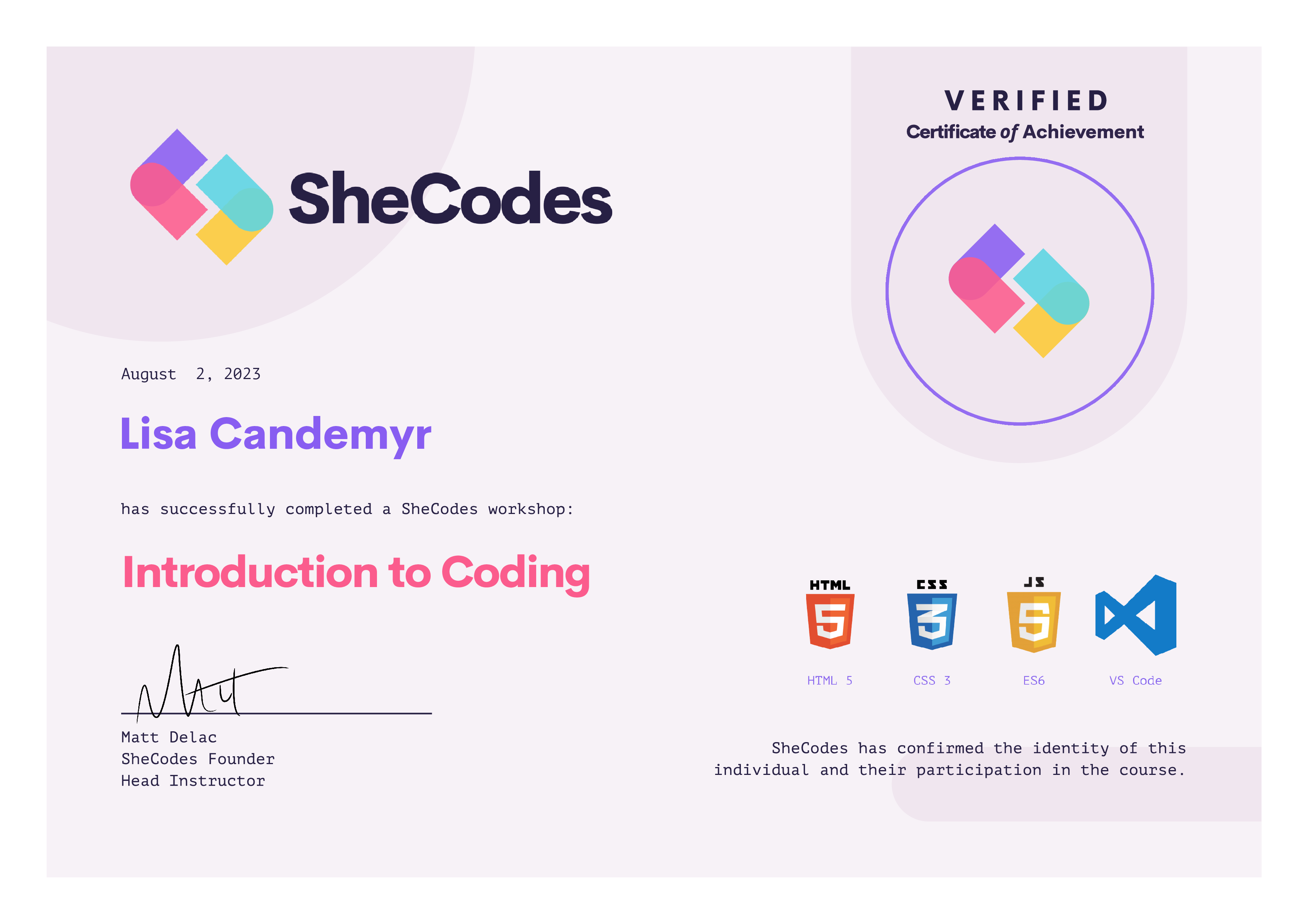 Certificate for SheCodes Basics