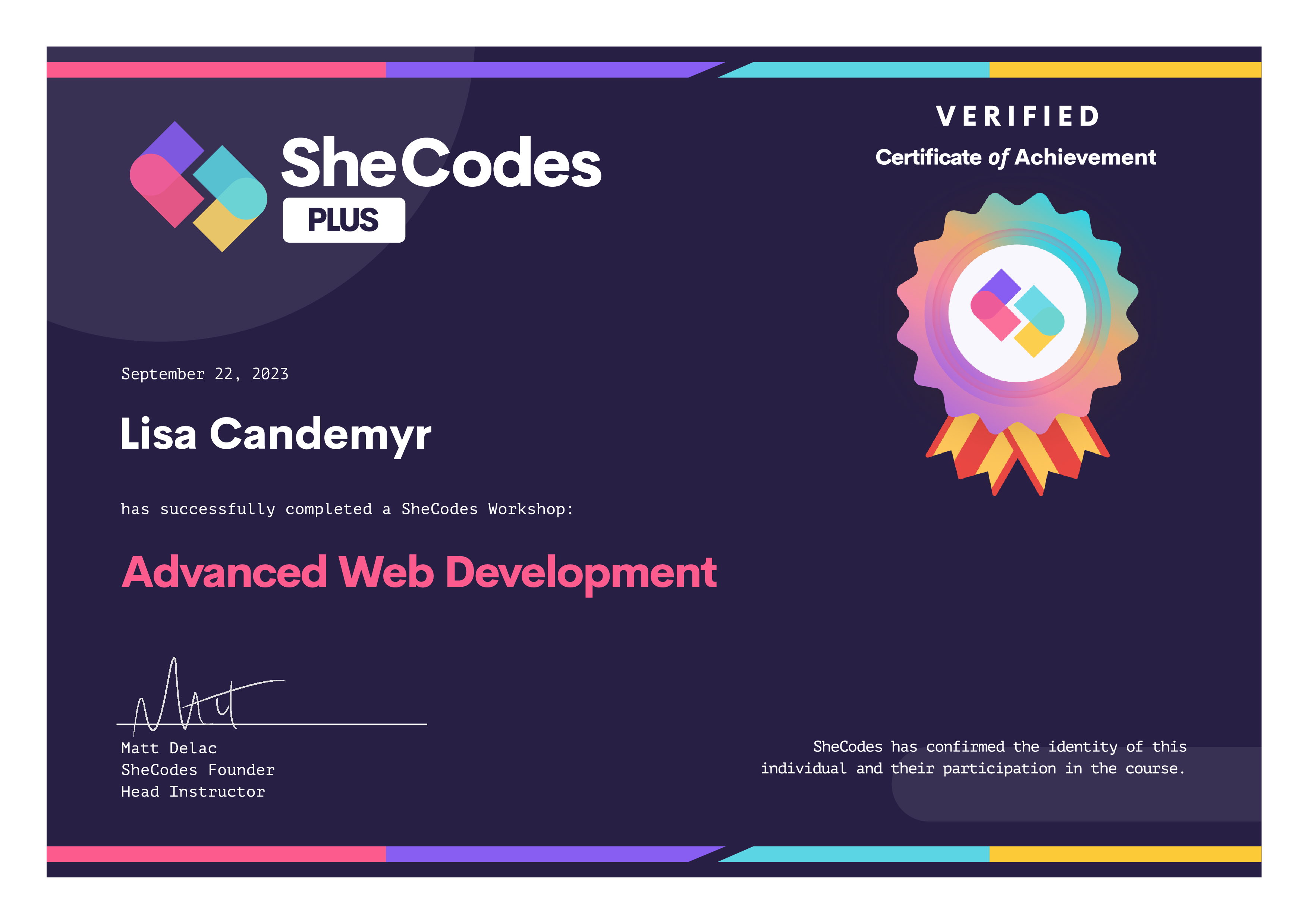 Certificate for SheCodes Plus Add-On