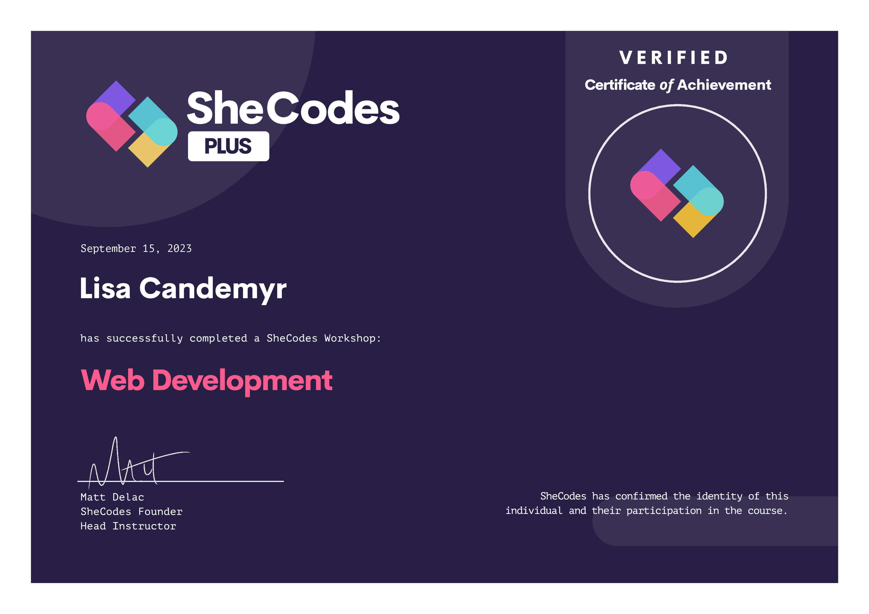 Certificate for SheCodes Plus